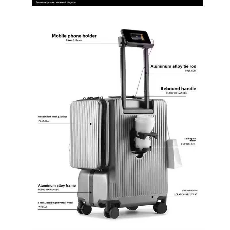 Multifunction Front Open Suitcase for 20 Inch Boarding Luggage Cosmetic Bag With USB Charging and Cup Holder