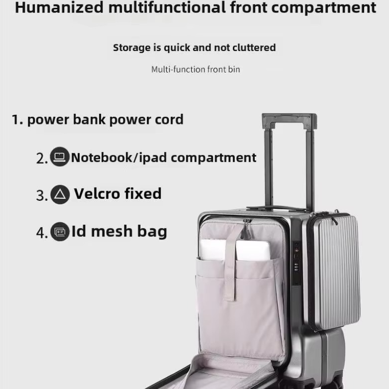 Multifunction Front Open Suitcase for 20 Inch Boarding Luggage Cosmetic Bag With USB Charging and Cup Holder