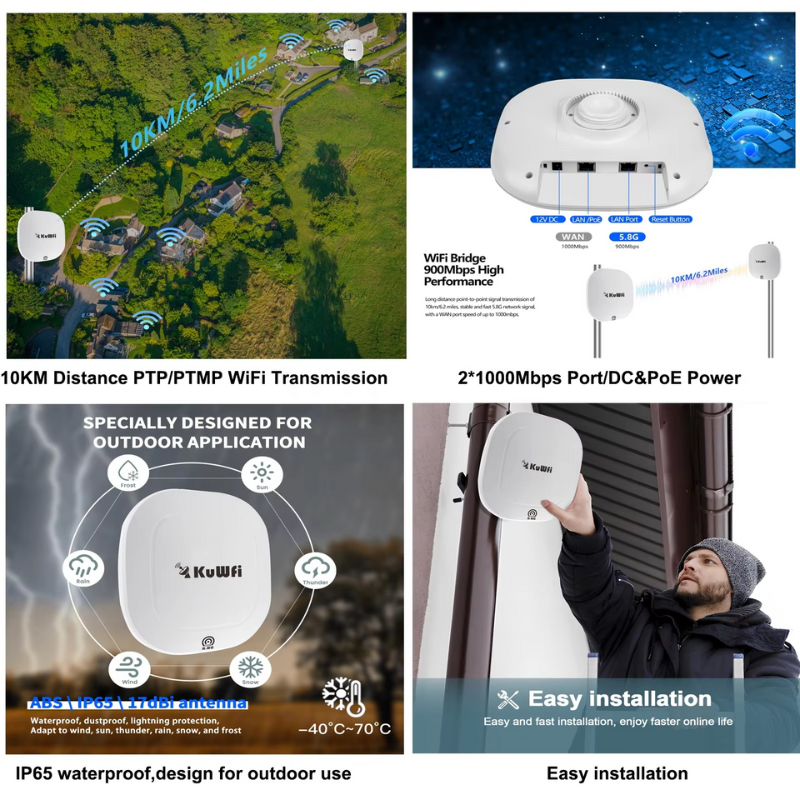 USA Stock KuWFi Outdoor 10KM Wireless Bridge IP65 Waterproof 17dBi Antenna PoE&DC Power Wifi Bridge for Industrial Monitoring
