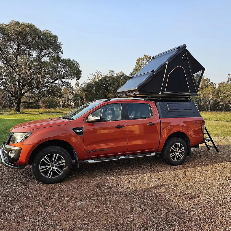 Remaco Camping Triangle Car Rooftop Tent Hard Clamshell Black Gray Aluminum 4 Person Hard Shell Roof Top Tent