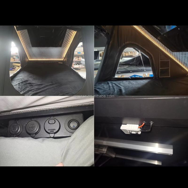 Remaco Camping Triangle Car Rooftop Tent Hard Clamshell Black Gray Aluminum 4 Person Hard Shell Roof Top Tent