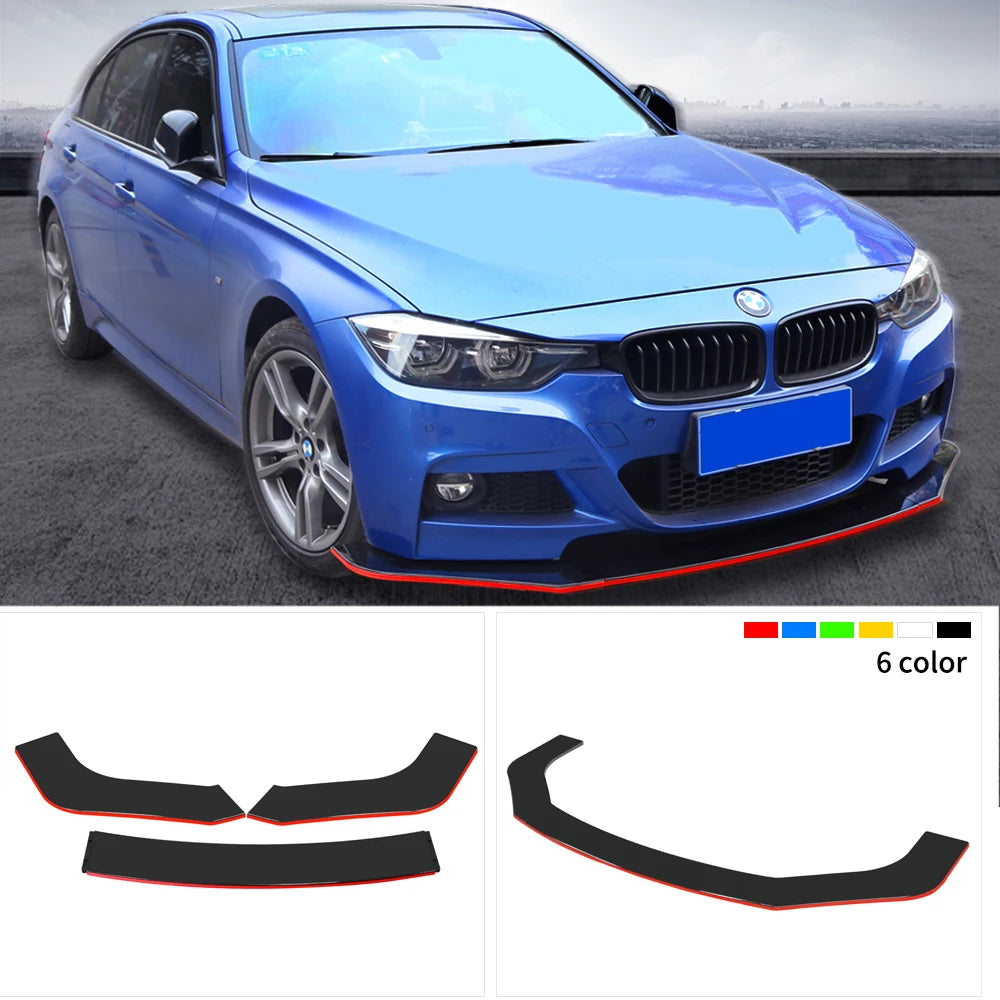 Universal 3-Piece ABS Front Bumper Lip Splitter - Gloss Black with Red Line