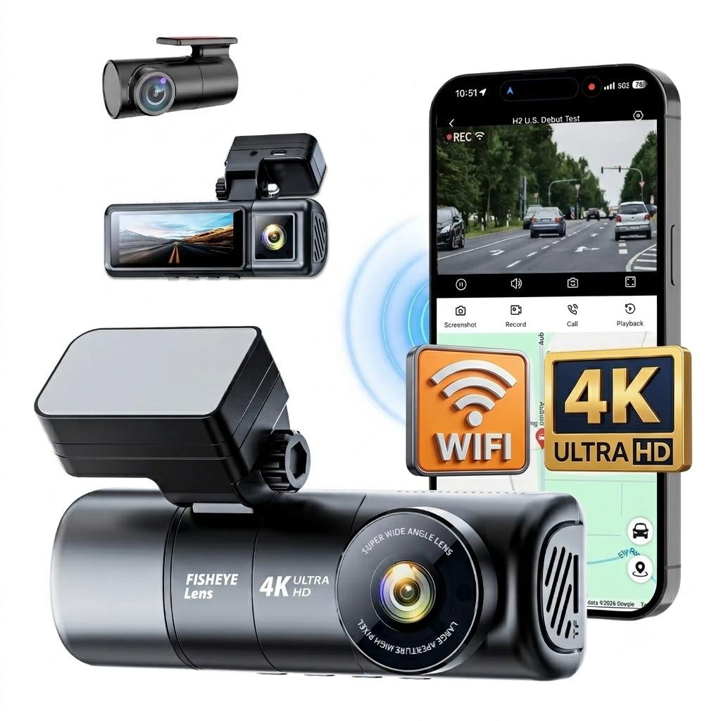 4K 3 Channel Dash Cam with WiFi & GPS | Front, Rear & Cabin Camera | Night Vision | Parking Mode