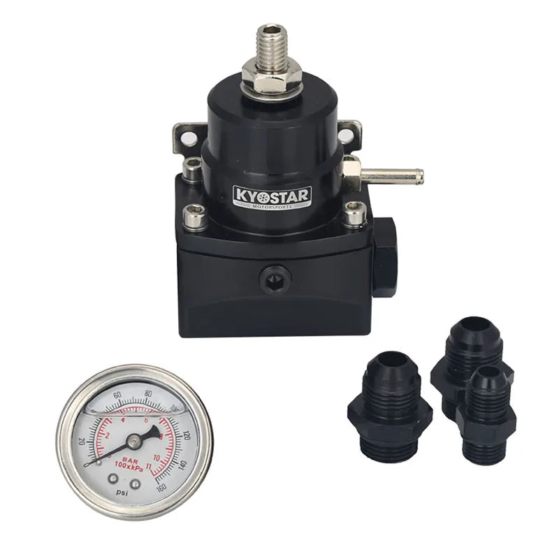 Universal Aluminium High Pressure Fuel Pressure Regulator Kit with 160 psi Gauge - AN8 AN8 AN6 Ports, Black