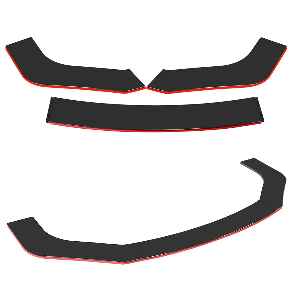 Universal 3-Piece ABS Front Bumper Lip Splitter - Gloss Black with Red Line