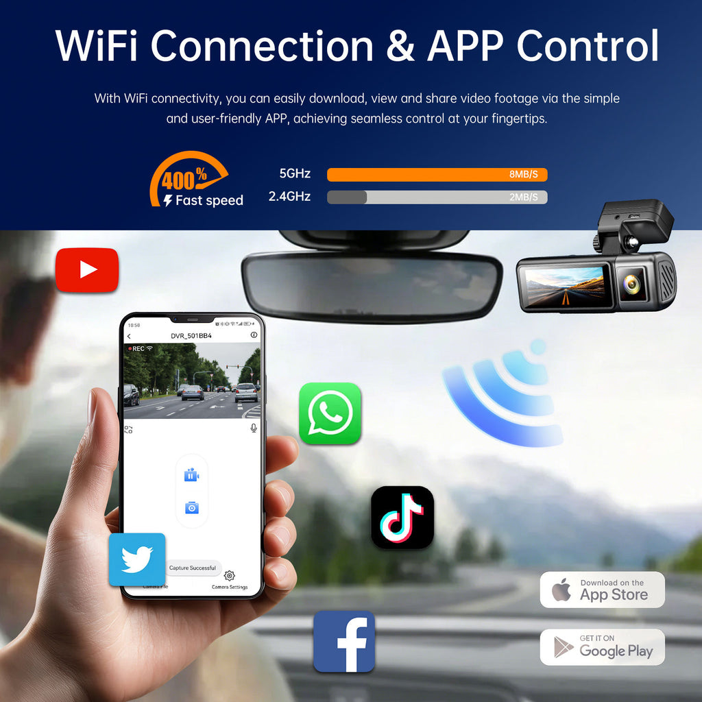 4K 3 Channel Dash Cam with WiFi & GPS | Front, Rear & Cabin Camera | Night Vision | Parking Mode