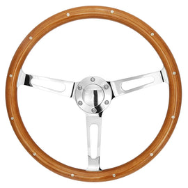 Vintage Universal 15 inch 380 mm Classic Wooden Grain Steering Wheel, Silver Chrome 3-Spoke