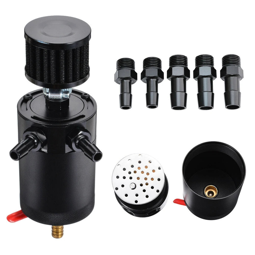 Universal 150ml Baffled Aluminium Oil Catch Can - 2 Port, 3/8 inch NPT, with Drain Valve and Filter