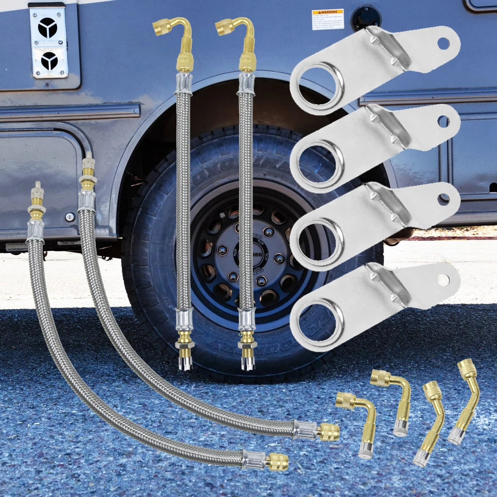 Universal Dual Tyre Valve Stem Extender Kit - 6 Extenders & 4 Brass Adaptor Brackets, Black