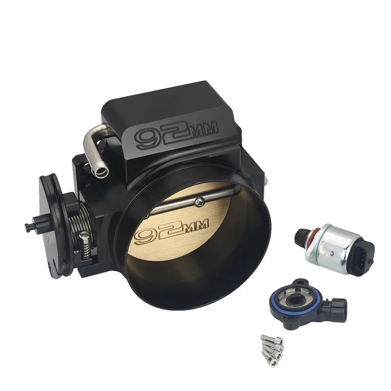 GM LS 92 mm Billet Aluminium Throttle Body with Spacer Adapter, TPS and IAC, 4-Bolt Cable Drive