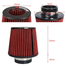 Load image into Gallery viewer, Universal 3 inch 76 mm Matte Carbon Fibre Top High Performance Dry Cone Air Filter, Washable
