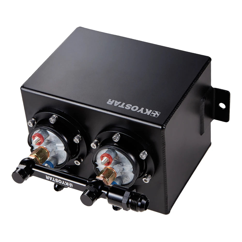 Universal 3L Aluminium Fuel Surge Tank Kit with 10AN Fuel Rail and Dual External Fuel Pumps - Black