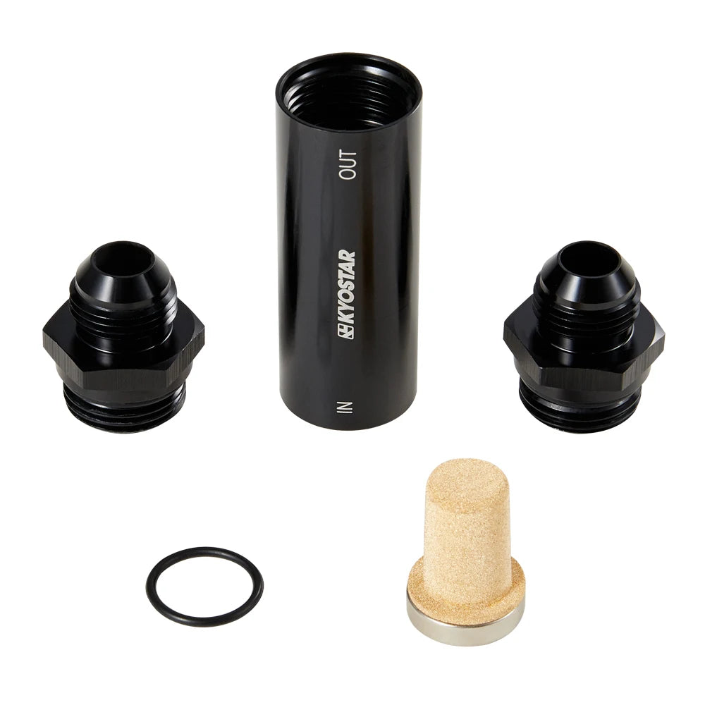 Universal AN8 Slim Line Inline Fuel Filter with 30 Micron Bronze Element - Black Aluminium