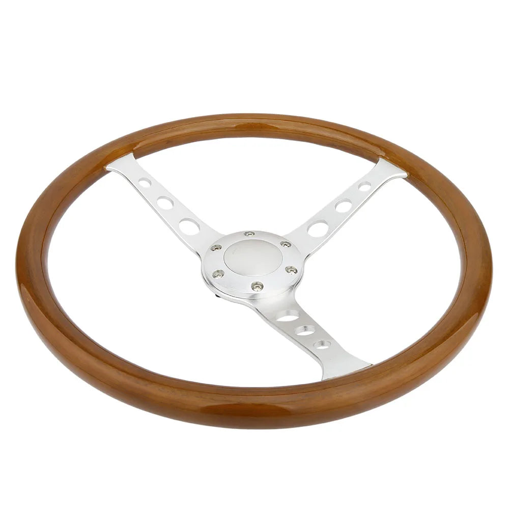 Universal 15 inch 380 mm Vintage Wood Steering Wheel with Horn Button, Brushed Silver Spokes