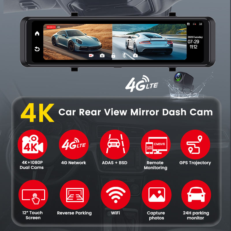 12" 4K Mirror Dash Cam Front & Rear | GPS, WiFi, 4G, ADAS Smart Touch Screen Car DVR