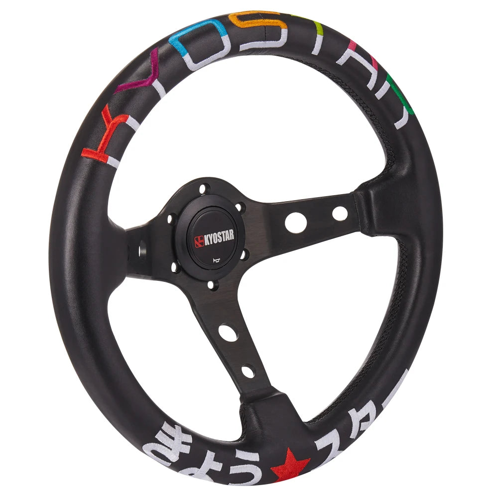 Universal 350mm 14 inch Stitched Leather Deep Dish Steering Wheel - Black, 83mm Dish