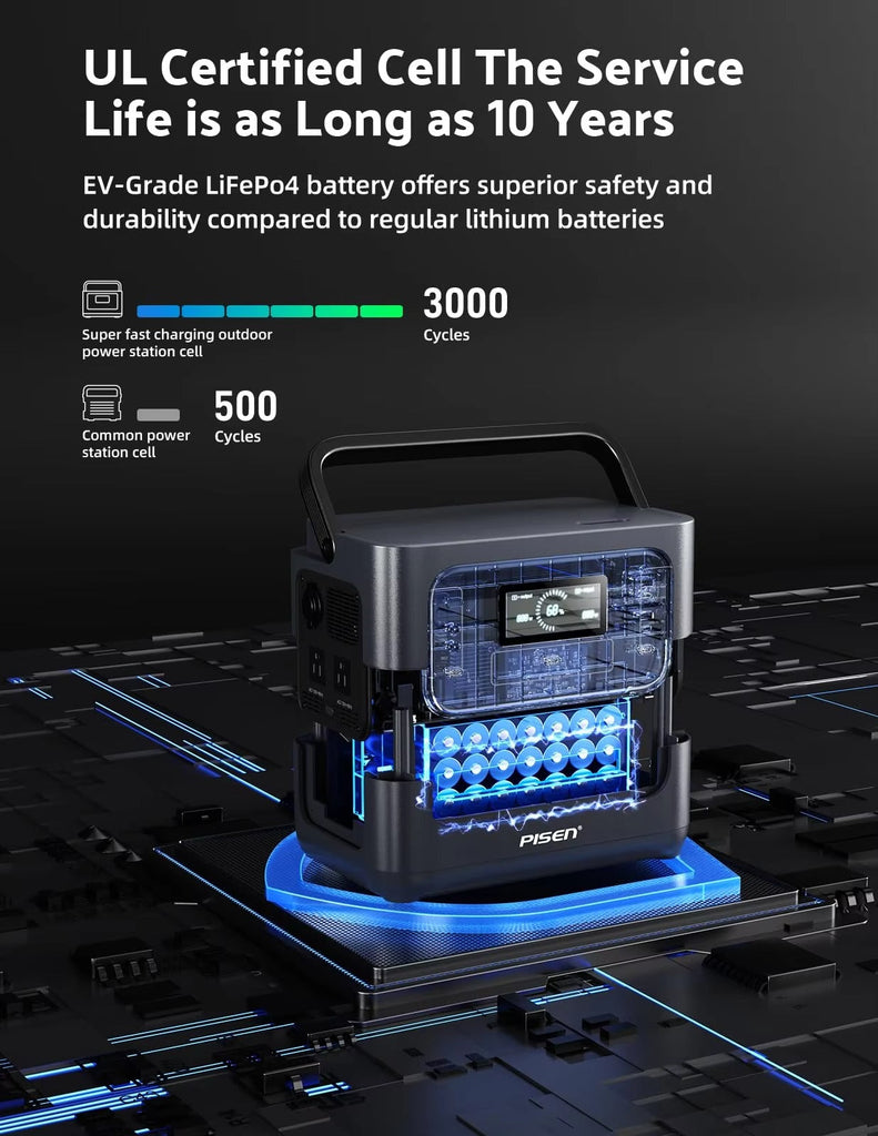 PISEN 1000W Portable Solar Power Station – 540Wh LiFePO4 Battery, Pure Sine Wave Inverter, MPPT Controller, Home Backup & Camping Generator