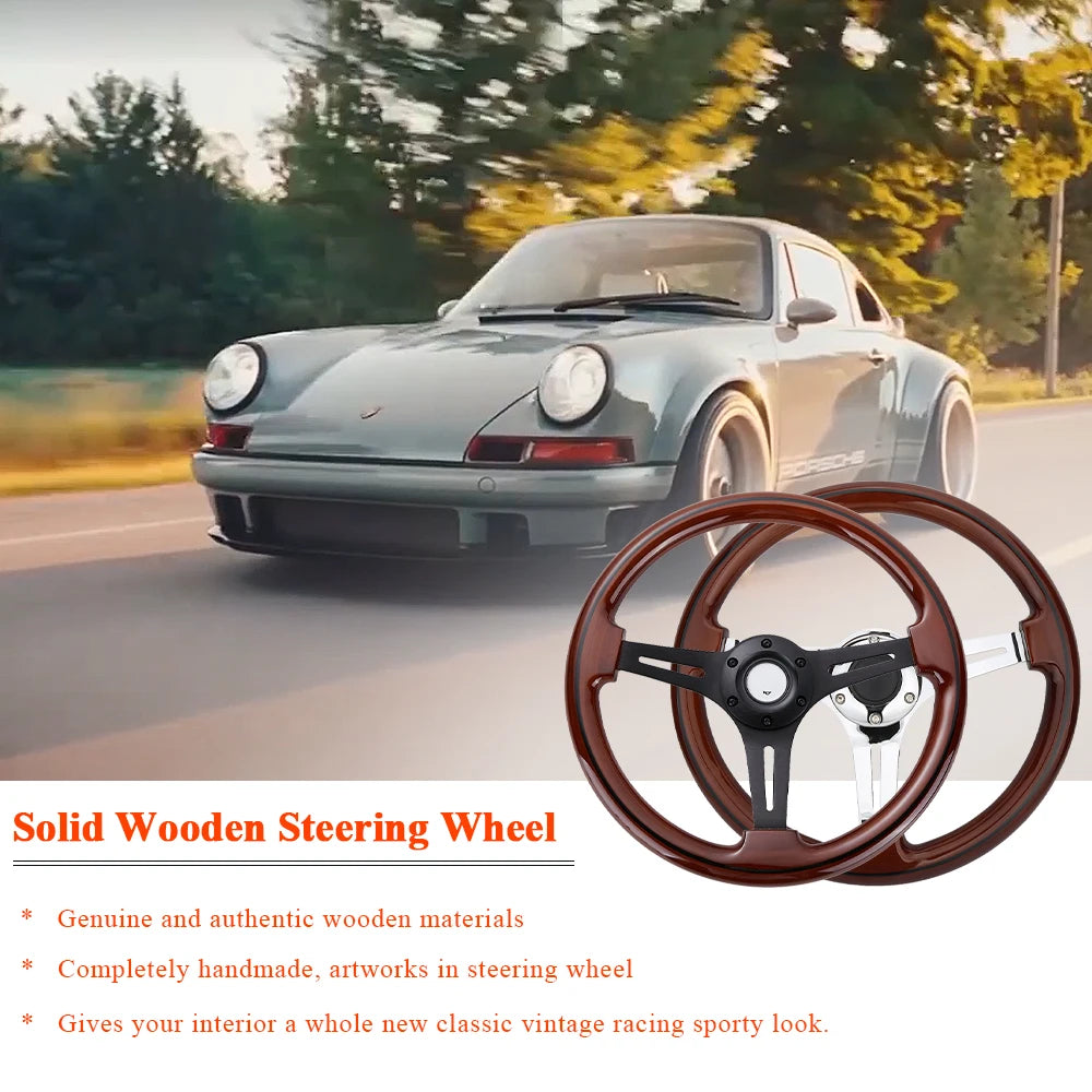 Universal 14 inch 350 mm 6-Bolt Vintage Wooden Steering Wheel, Black Spokes