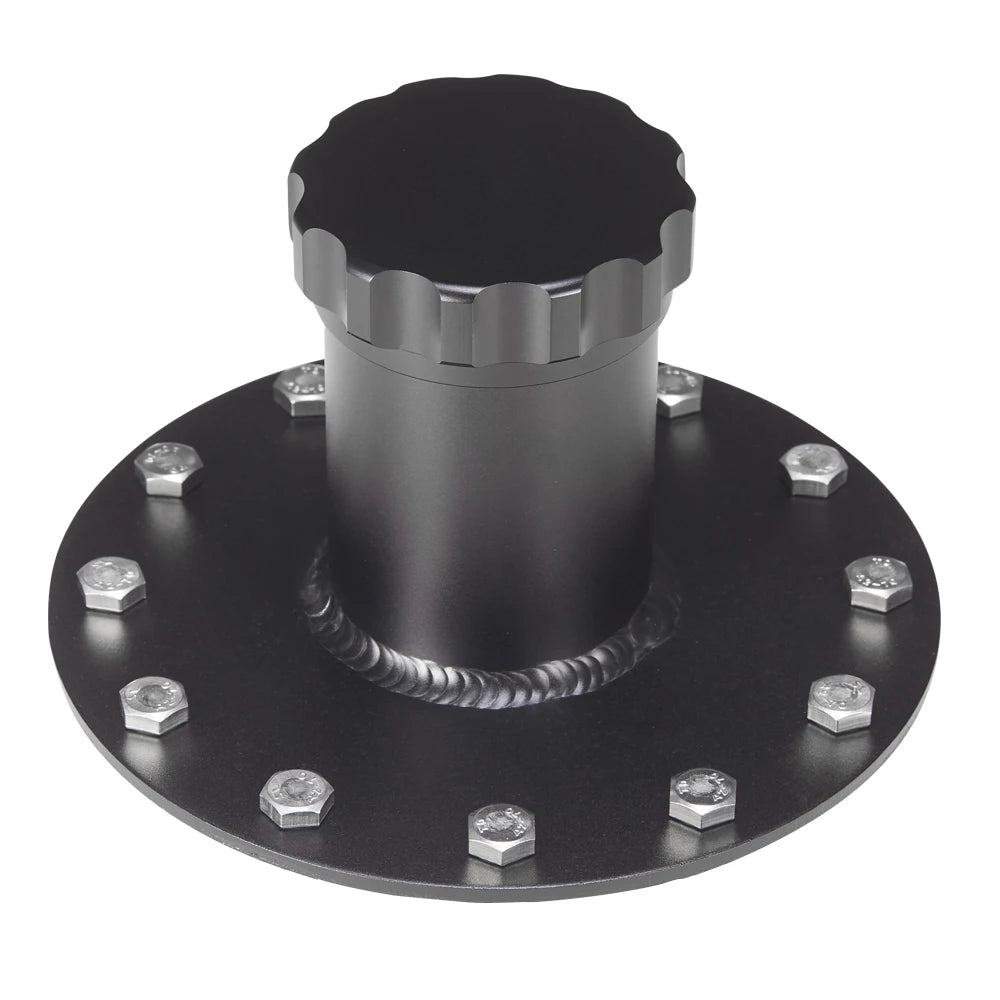 Universal Straight Billet Aluminium Fuel Cell Cap and Fast Fill Filler Neck - 12 Bolt Flange, Black