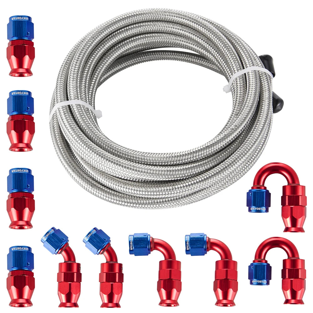 Universal 6AN PTFE E85 Braided Fuel Line Kit - 16 ft (5 m) with 10 Fittings, Silver