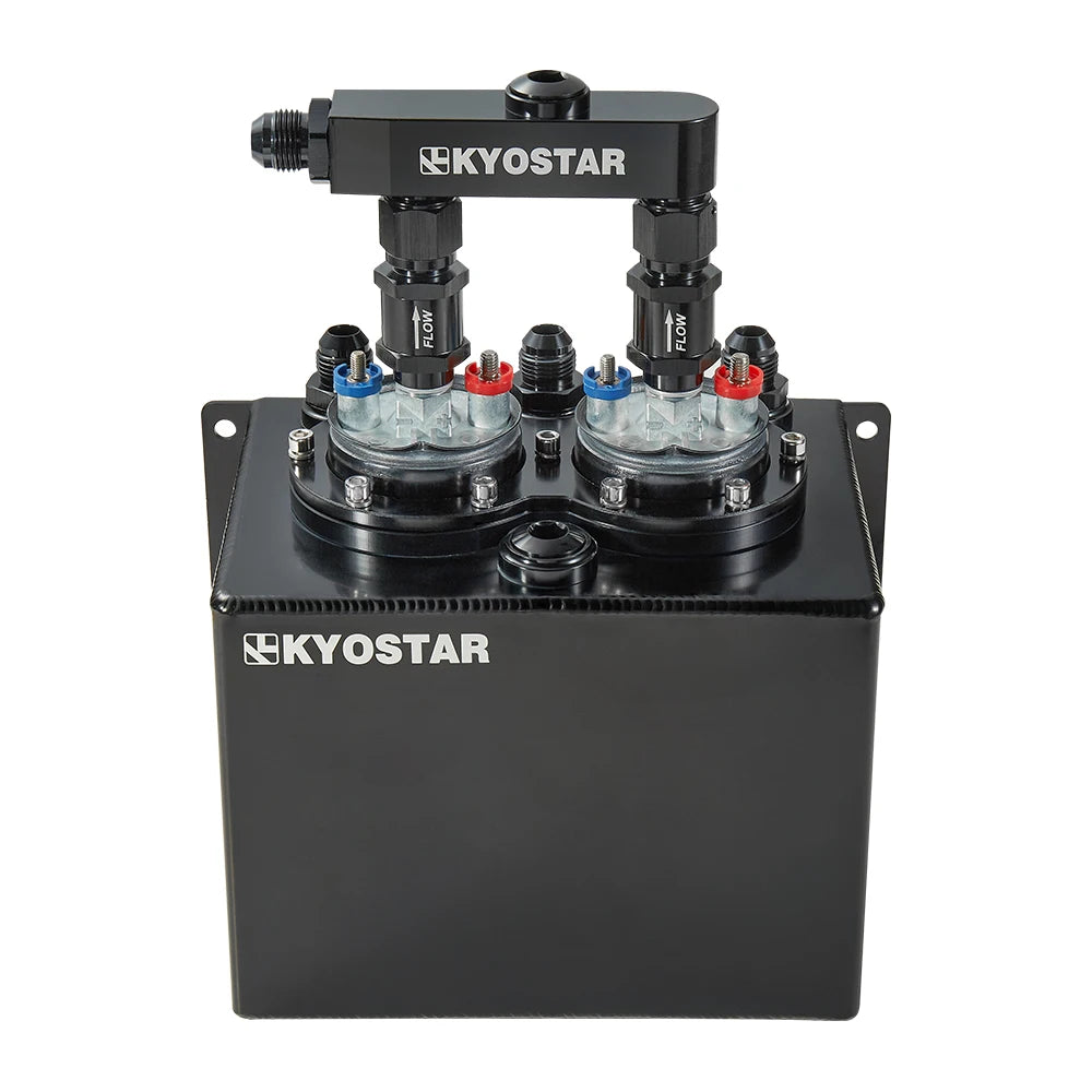 Universal 3 Litre Aluminium Fuel Swirl Surge Pot with Fuel Rail for Dual External Pumps - Black