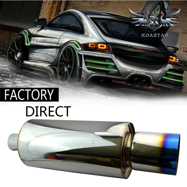 Universal Stainless Steel Racing Exhaust Muffler 63mm (2.5 inch) Inlet, 102mm Outlet, 580 x 140mm