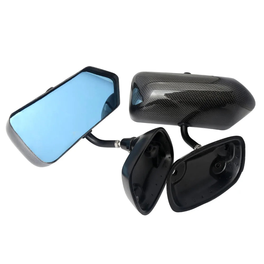 F1 Style Real Carbon Fibre Side Mirrors with Blue Tint Glass and Metal Brackets - Left and Right Pair
