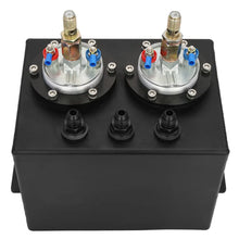 Load image into Gallery viewer, Universal 3 Litre Aluminium Dual Fuel Surge Tank with Two Fuel Pumps, Black