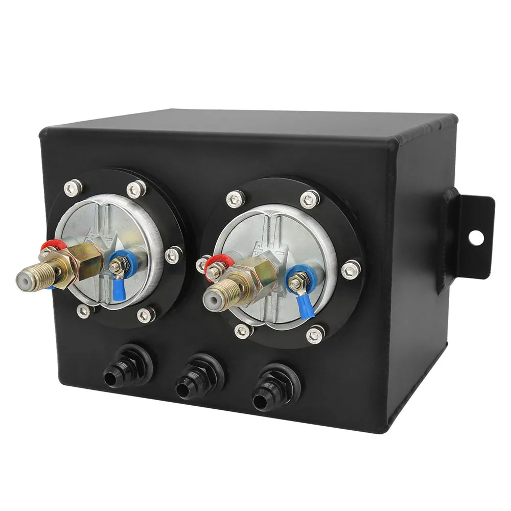 Universal 3 Litre Aluminium Dual Fuel Surge Tank with Two Fuel Pumps, Black