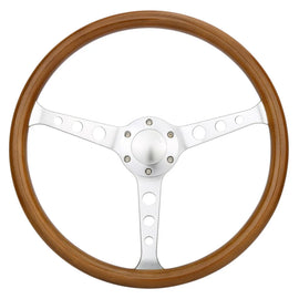 Universal 15 inch 380 mm Vintage Wood Steering Wheel with Horn Button, Brushed Silver Spokes