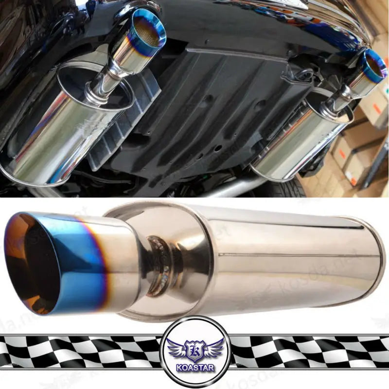 Universal 304 Stainless Steel Exhaust Muffler - 63mm Inlet, 104mm Outlet, Blue Burnt Finish