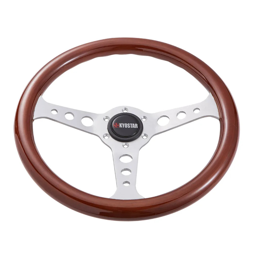 Universal 350 mm 14 inch Classic Flat Wood Grain Steering Wheel, Silver Spokes