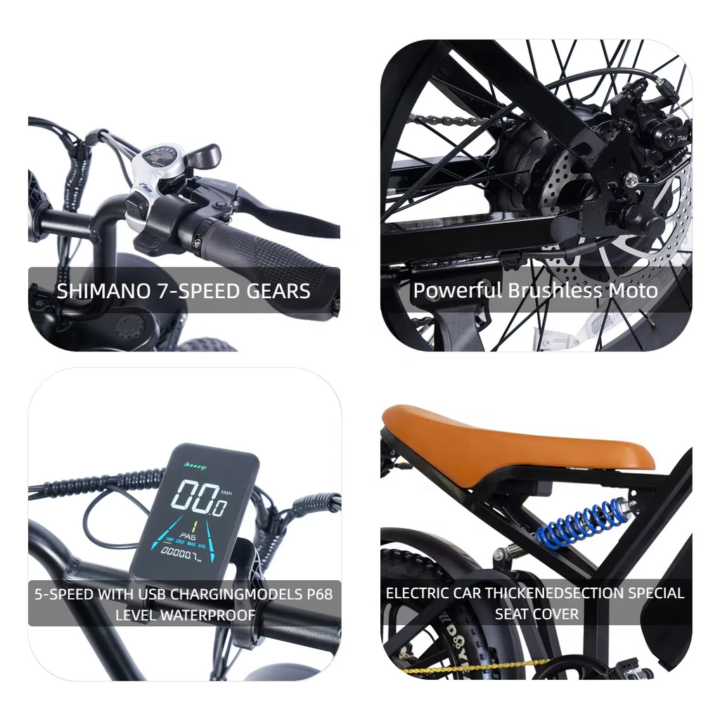 ECORIDE V6 Electric Mountain Bike 250W–1000W – 20" Fat Tire E-Bike with 48V Lithium Battery (10.4Ah–20Ah), 7-Speed, Dual Suspension, LCD Display