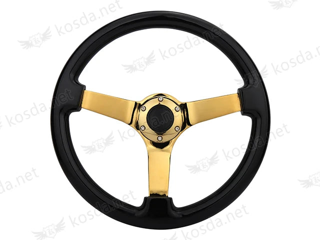 Classic 14 Inch 350mm Deep Dish Black Wooden Steering Wheel with Gold Spokes