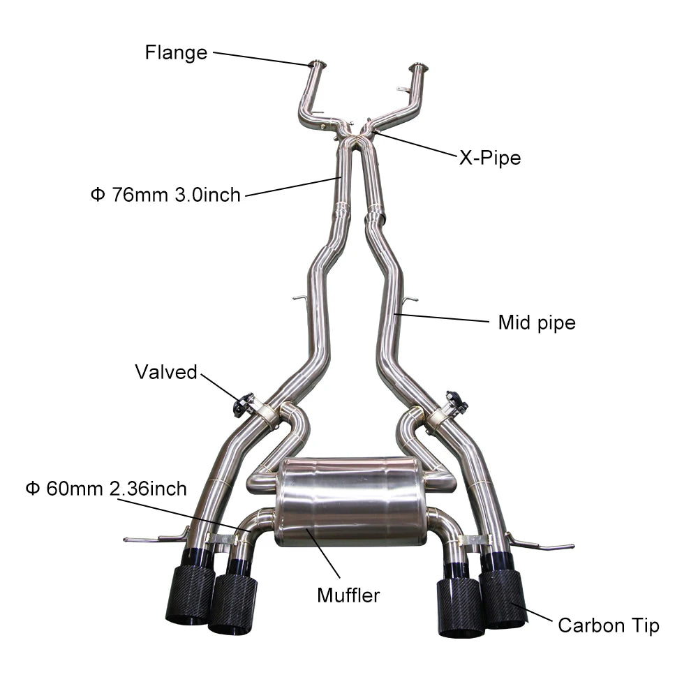 BMW M3 G80 G81 / M4 G82 G83 2021+ S58 3.0TT T304 Stainless 76mm 4-Tip Valved Catback Exhaust for OPF Models