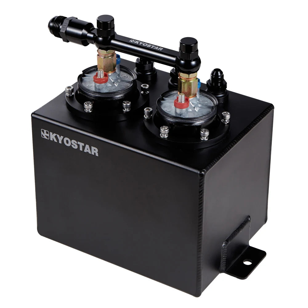 Universal 3L Aluminium Fuel Surge Tank Kit with 10AN Fuel Rail and Dual External Fuel Pumps - Black