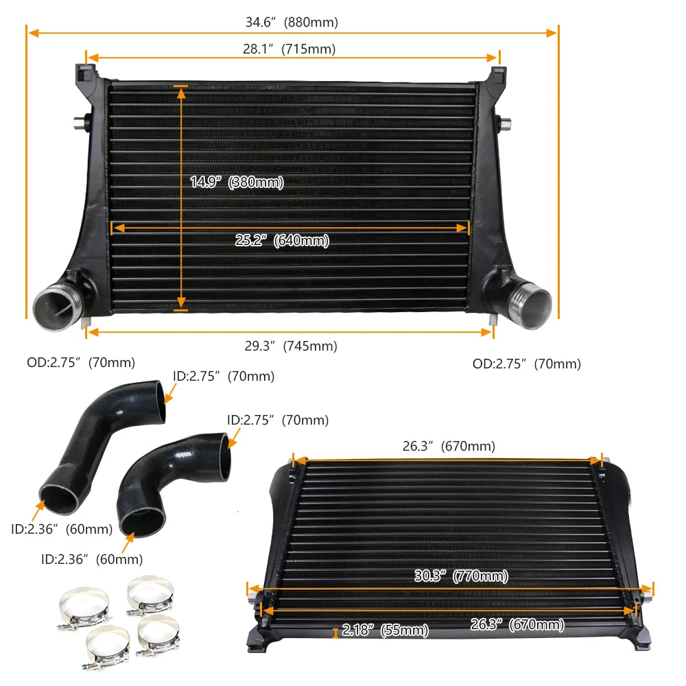 VW Golf Mk7 GTI / Golf R / Audi A3 S3 8V 1.8T 2.0T 70mm Competition Intercooler - Black