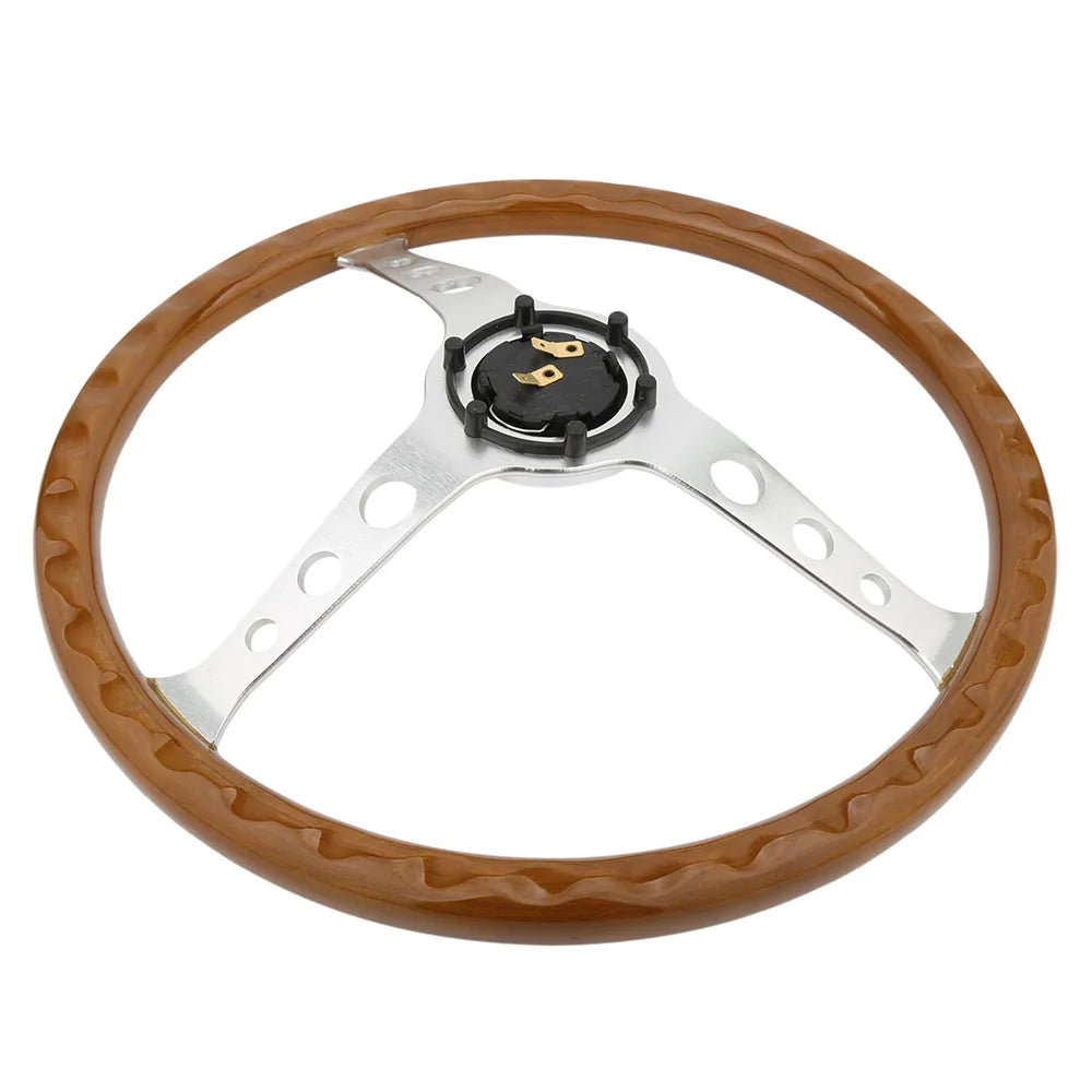 Universal 15 inch 380 mm Vintage Wood Steering Wheel with Horn Button, Brushed Silver Spokes