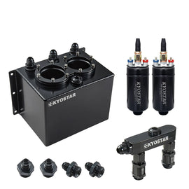 Universal 3 Litre Aluminium Fuel Swirl Surge Pot with Fuel Rail for Dual External Pumps - Black