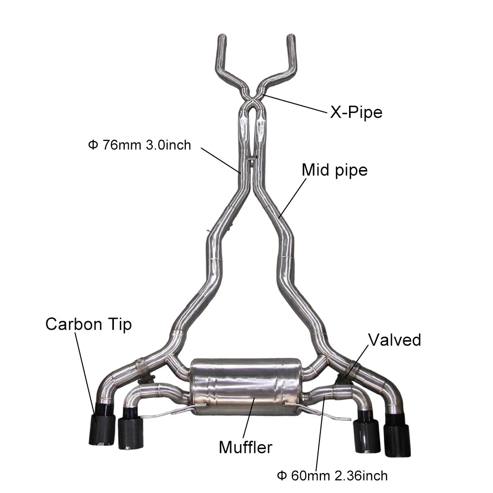 BMW M5 F90 2018-2023 S63 4.4T Twin-Turbo V8 1.5 mm Stainless Steel 4-Tip Valved Sport Catback Exhaust