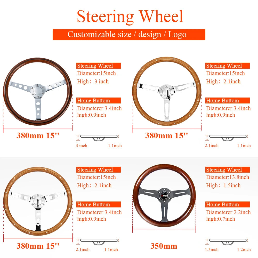 Universal 14 inch 350 mm 6-Bolt Vintage Wooden Steering Wheel, Black Spokes