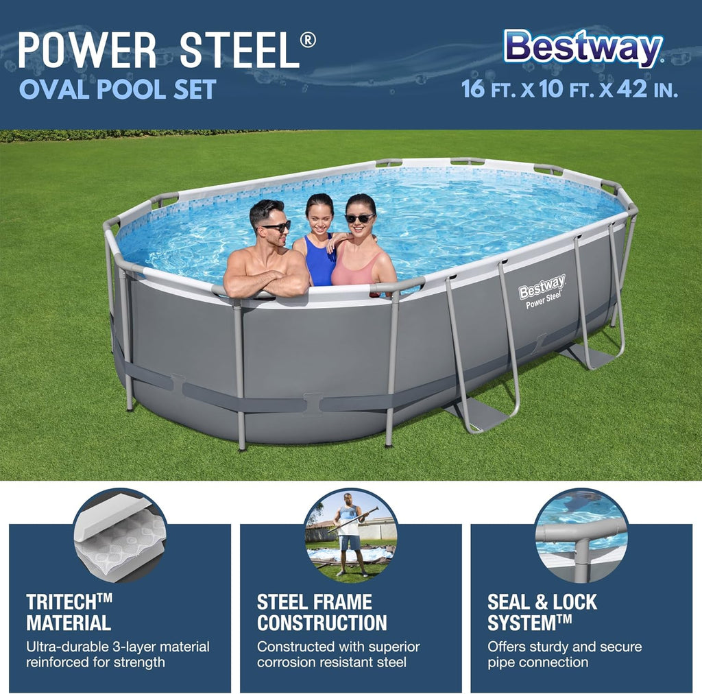 Bestway Power Steel Oval Metal Frame Above Ground Outdoor Swimming Pool Set