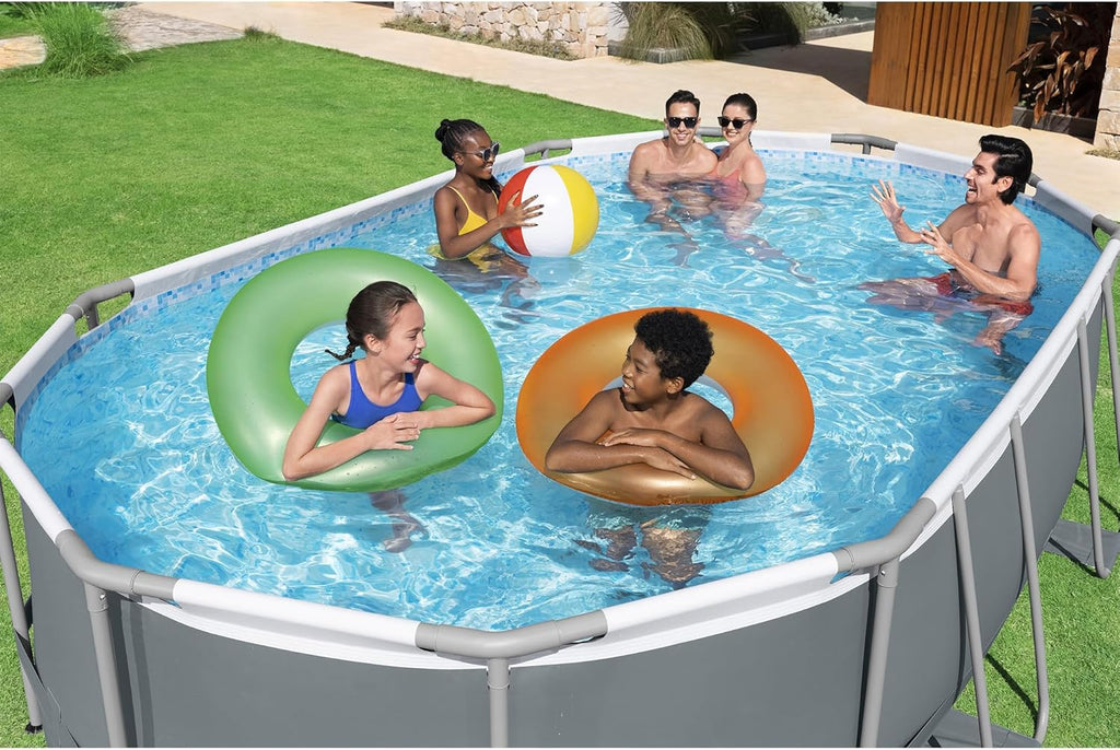 Bestway Power Steel Oval Metal Frame Above Ground Outdoor Swimming Pool Set