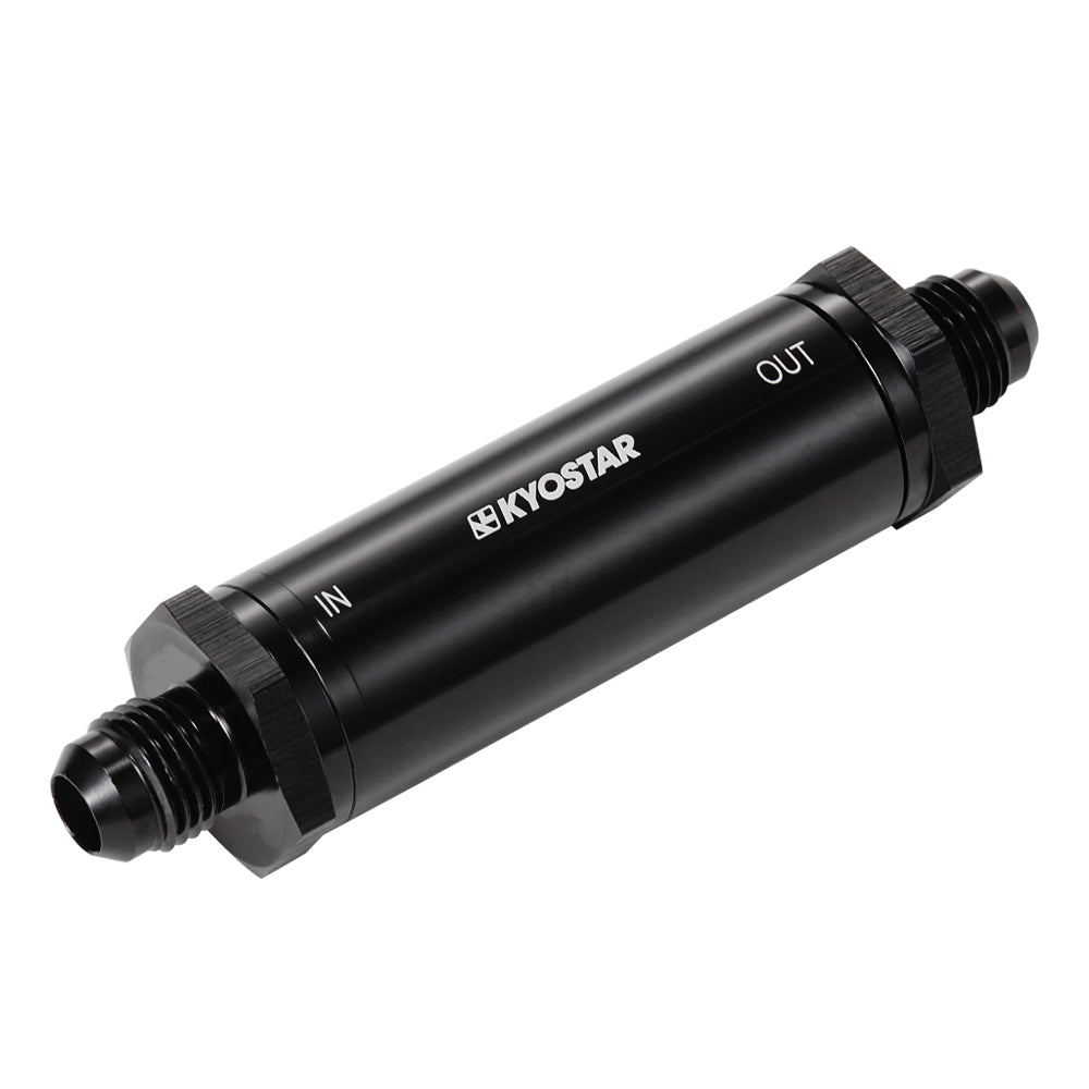 KYOSTAR Universal Anodised Billet Black AN6 Inlet Slim Line Fuel Filter 30 Micron Bronze Insert