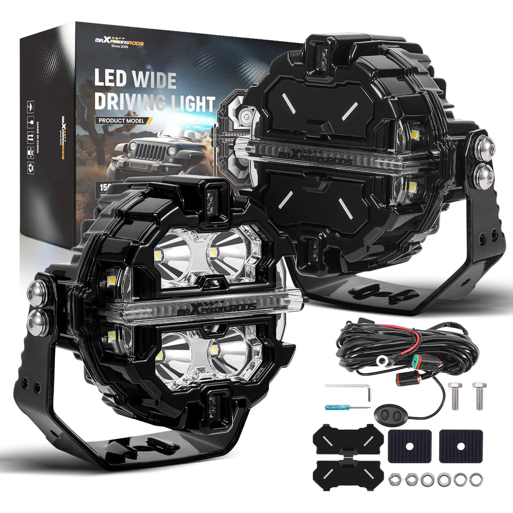 Universal 3.5" Round LED Fog Driving Headlights, Side Shooter Beam, White/Amber DRL, IP68, 160W