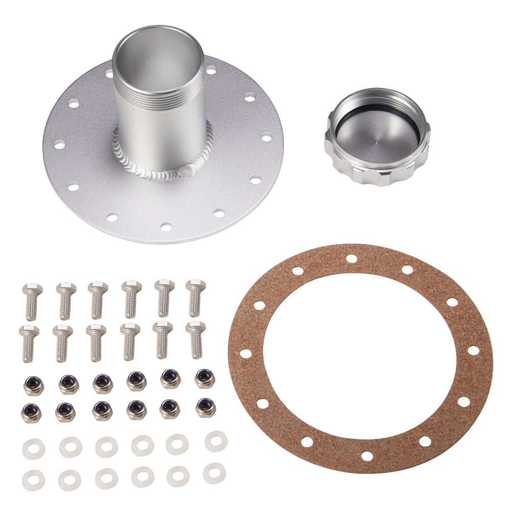 Silver Anodized Billet Aluminum Universal Straight  Fuel Cell Cap Fast Fill Filler Neck 12 Bolt Flange Filler Neck