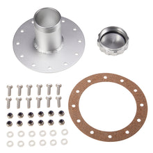 Load image into Gallery viewer, Silver Anodized Billet Aluminum Universal Straight  Fuel Cell Cap Fast Fill Filler Neck 12 Bolt Flange Filler Neck