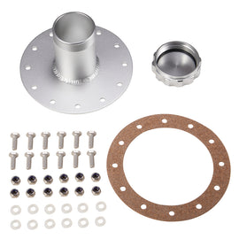 Silver Anodized Billet Aluminum Universal Straight  Fuel Cell Cap Fast Fill Filler Neck 12 Bolt Flange Filler Neck