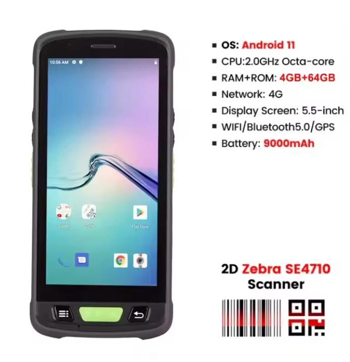 Android Barcode Scanner PDA | 5.5" Handheld, Android 11, 4G RAM, 64G ROM, 4G LTE, WiFi, Bluetooth, GPS, Camera, Portable Data Collector