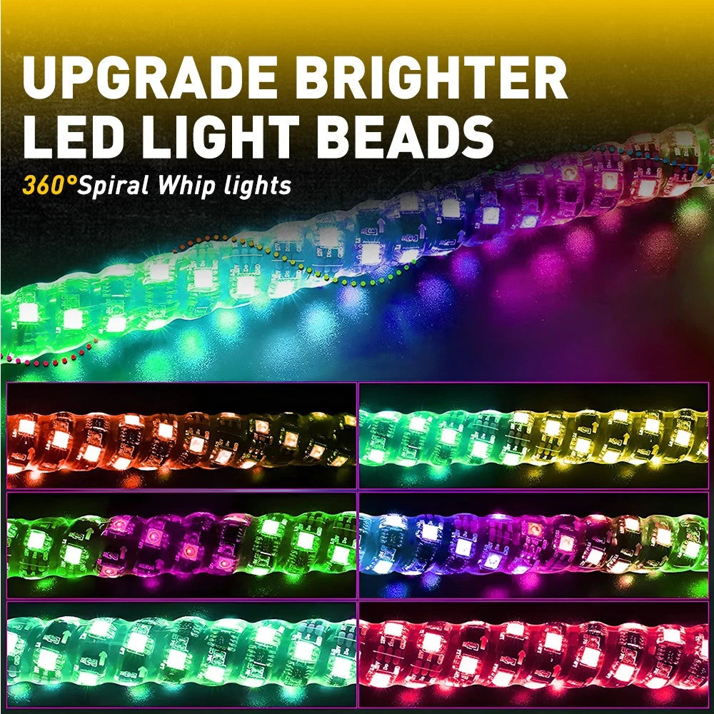 2Pcs For ATV Polaris RZR 3ft Spiral LED Whip Light Antenna APP Remote Bluetooth